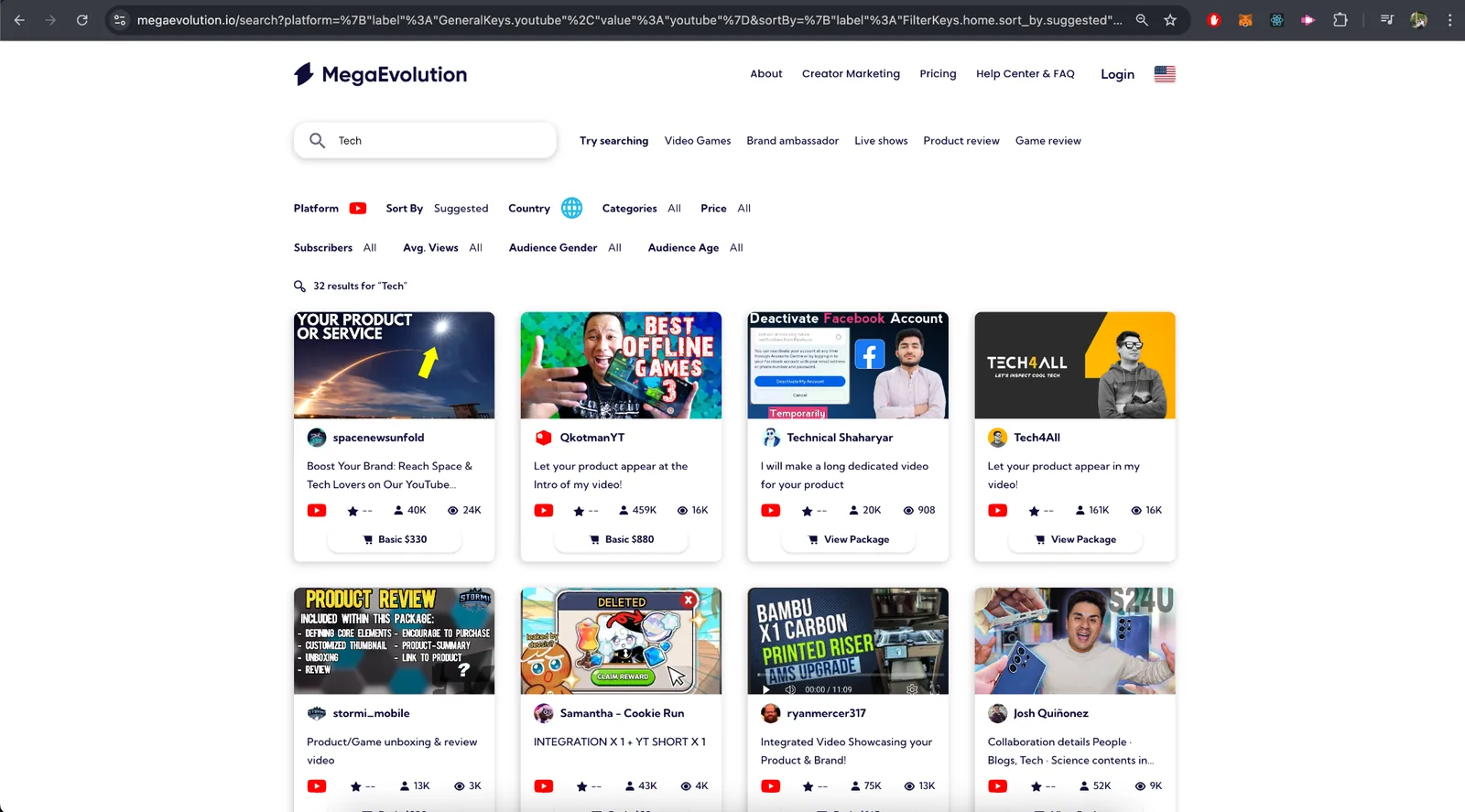 MegaEvolution creator search with platform, price and audience filters