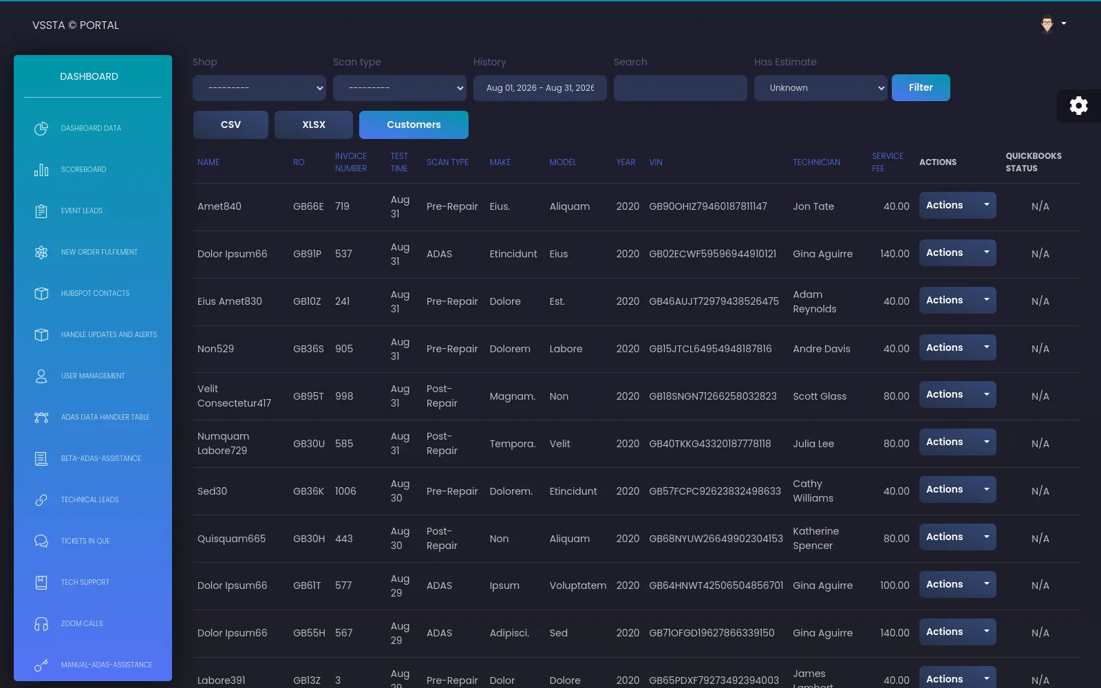 VSSTA scan log with vehicle, technician, fee and QuickBooks status per scan