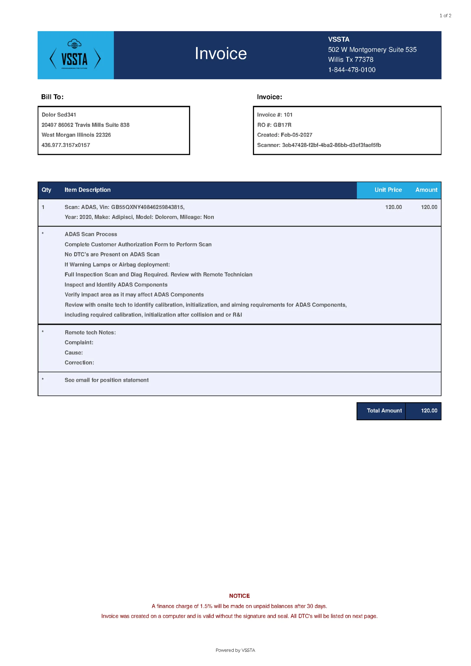 VSSTA PDF invoice for an ADAS scan